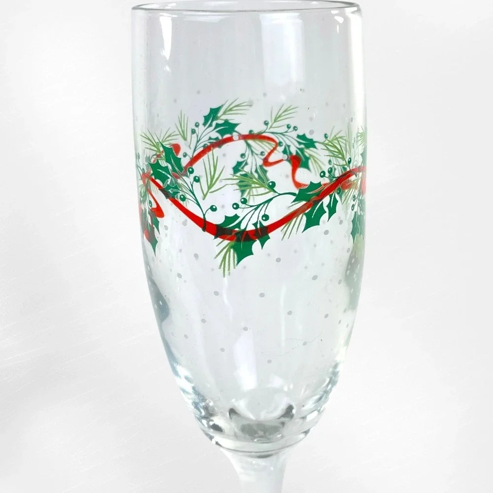 Libbey Christmas Champagne Flutes Set 10 Holly Ribbon Evergreen Snow 1990s